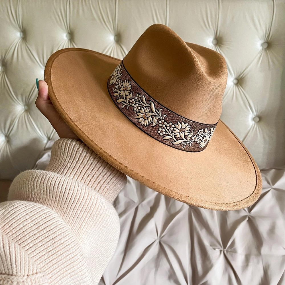 Hats N Roses Suede Brown Fedora Hat with Embroidered Band